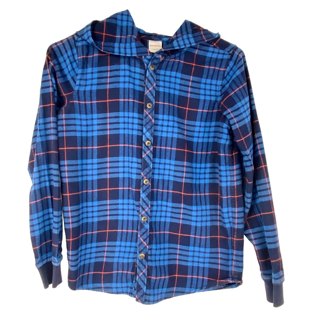 Hanna Andersson Hooded Long Sleeve Shirt Boys 12 Flannel Button Up Combed Cotton